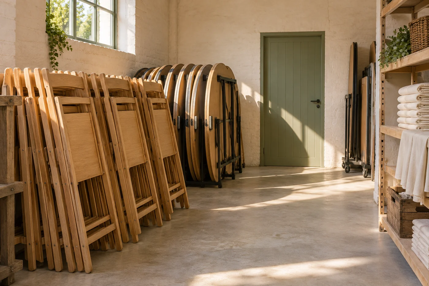 Warme sfeerimpressie van een magazijn met houten stoelen en gestapeld feestmateriaal.