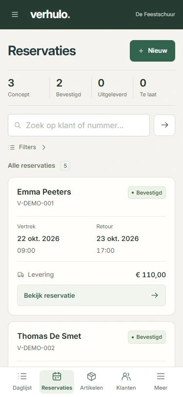 De mobiele Verhulo-werkruimte met reservaties en navigatie onderaan.